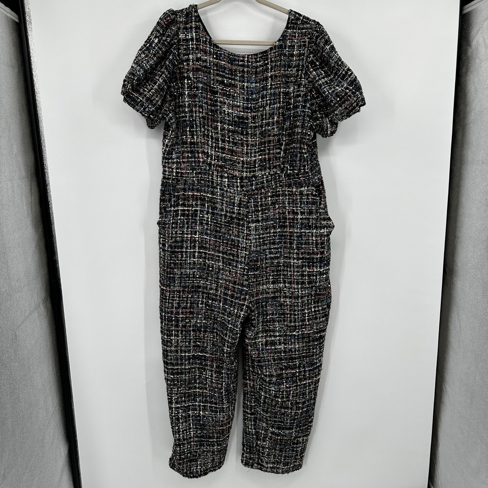 IVY CITY Roxy Textured Tweed Jumpsuit Puff Sleeve Cropped Leg Women's 1X